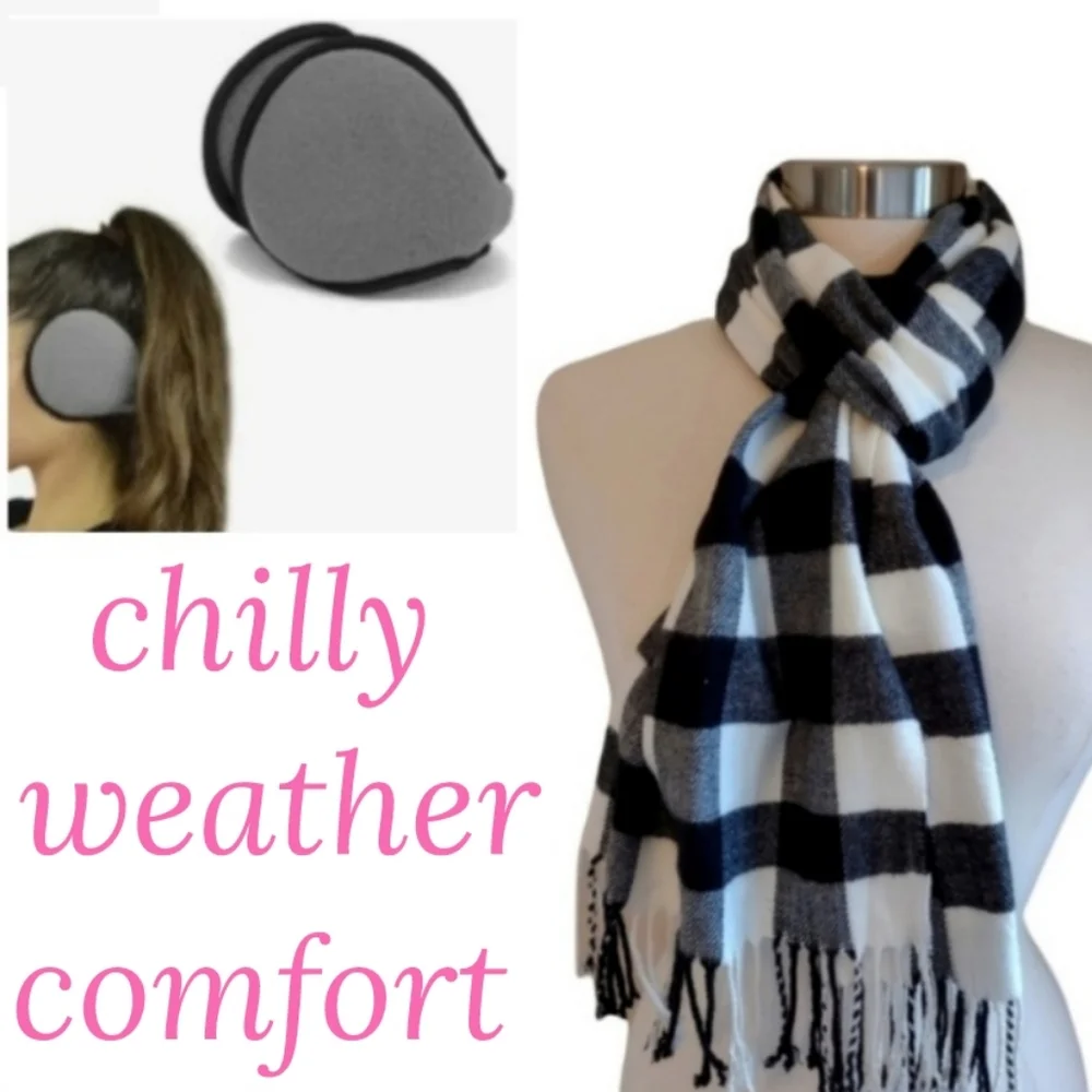 Scarf & Ear Muffs Set Winter Soft Luxury Buffalo Plaid Check Womens Black White